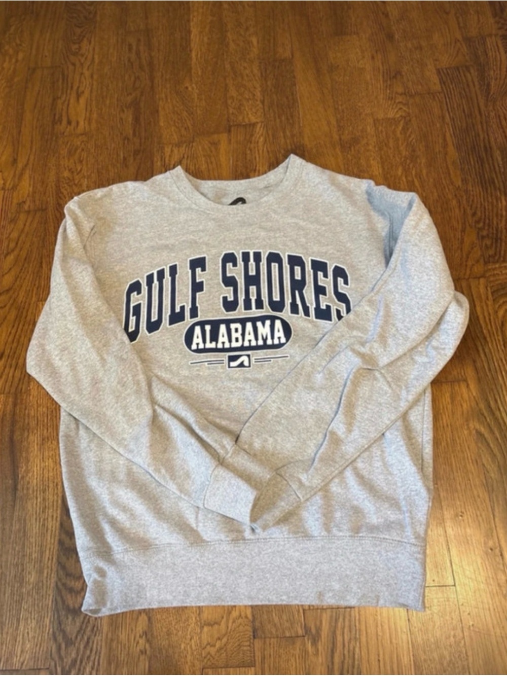 surf style Gray Crewneck Sweatshirt with Navy Gulf Shores Alabama Graphic